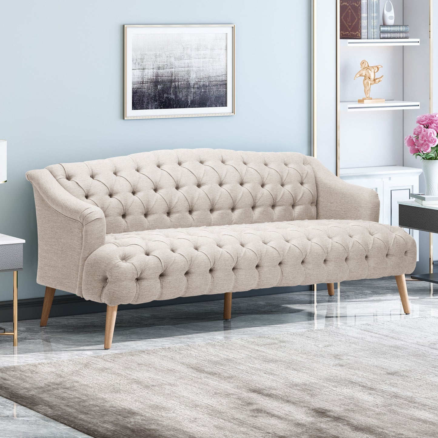 Comfy 3 Seat Sofa With Wooden Legs, For Living Room And Study - Beige