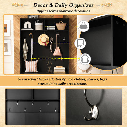 Entryway Bench With Coat Rack, 3 In 1 Design And Adjustable Shelves, Hall Tree With 7 Hooks For Entrance, Living Room - Black