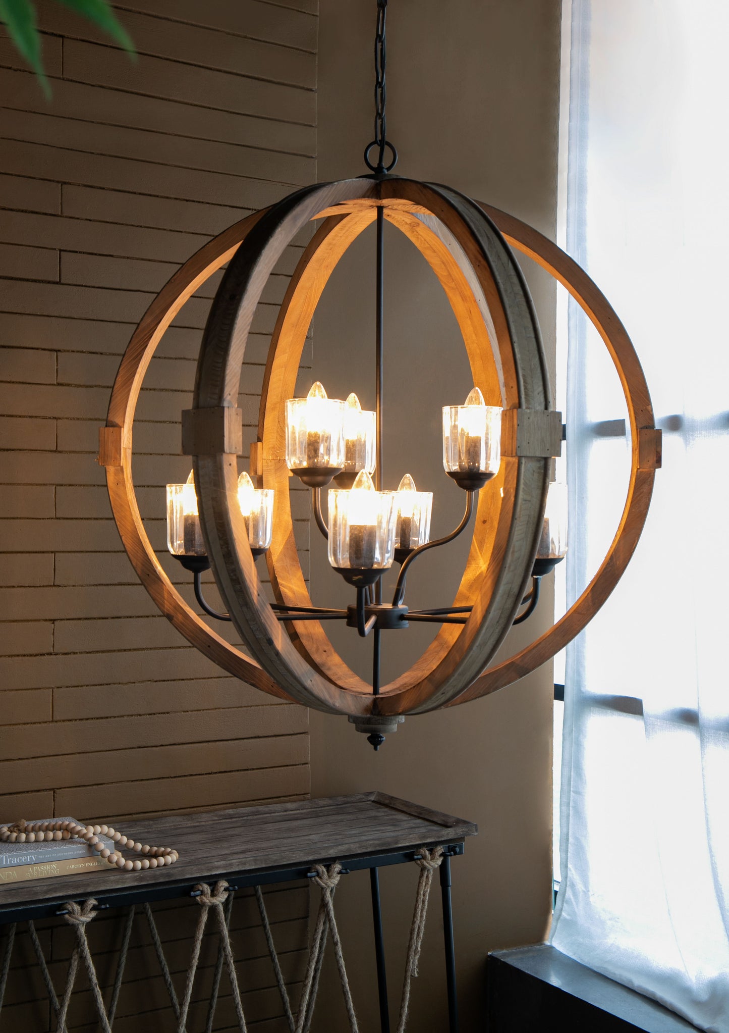 9 Light Globe Chandelier, Wood Chandelier Hanging Light Fixture With Adjustable Chain For Kitchen, Bulb Not Included - Brown