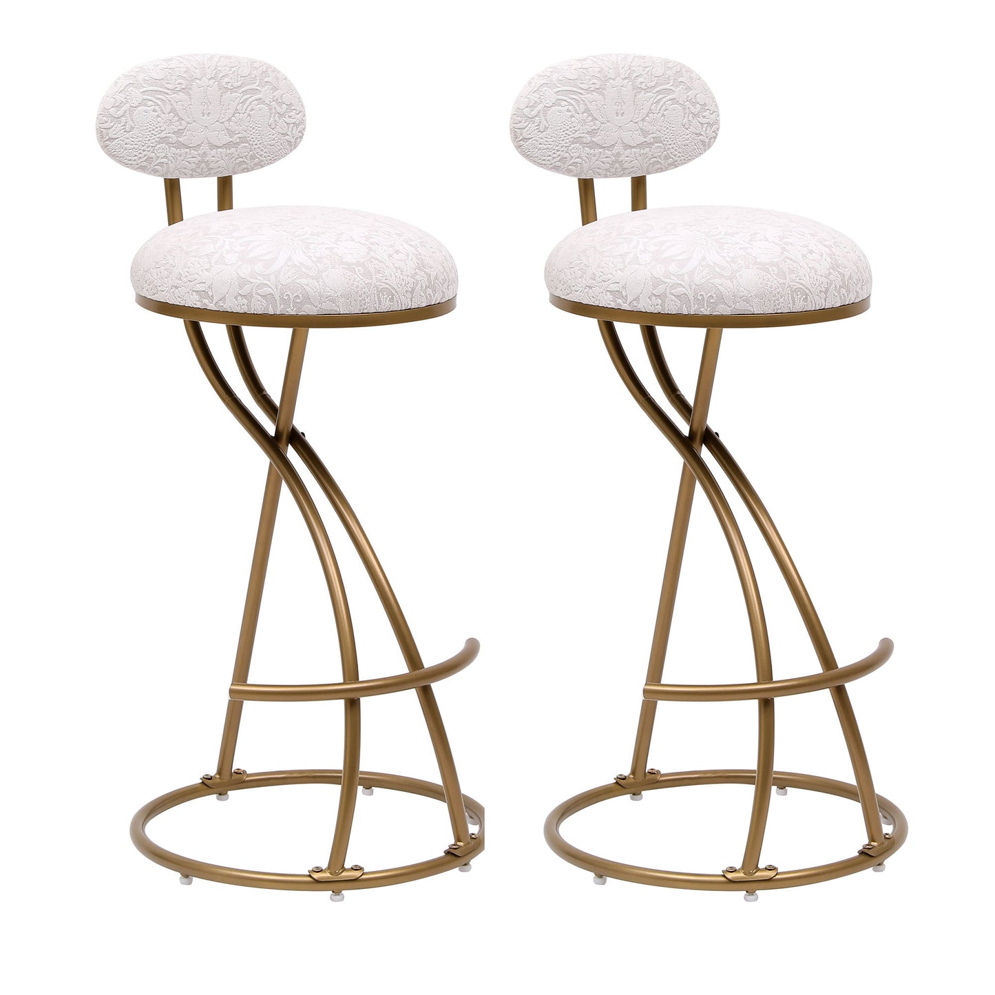 Modern S Shaped Bar Stools (Set of 2) With Backrest Floral Print Upholstered Dining Chairs Counter Height For Kitchen Island - Gold & White Print