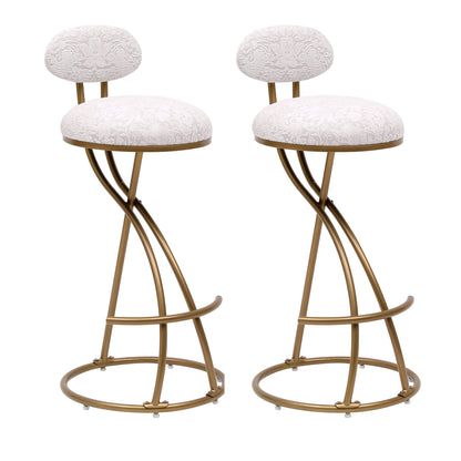 Modern S Shaped Bar Stools (Set of 2) With Backrest Floral Print Upholstered Dining Chairs Counter Height For Kitchen Island - Gold & White Print