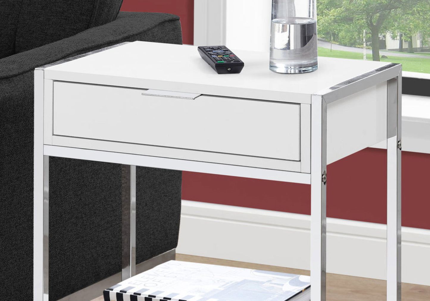 Accent Side Table, Storage Drawer, Glossy Modern - White