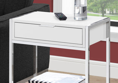 Accent Side Table, Storage Drawer, Glossy Modern - White