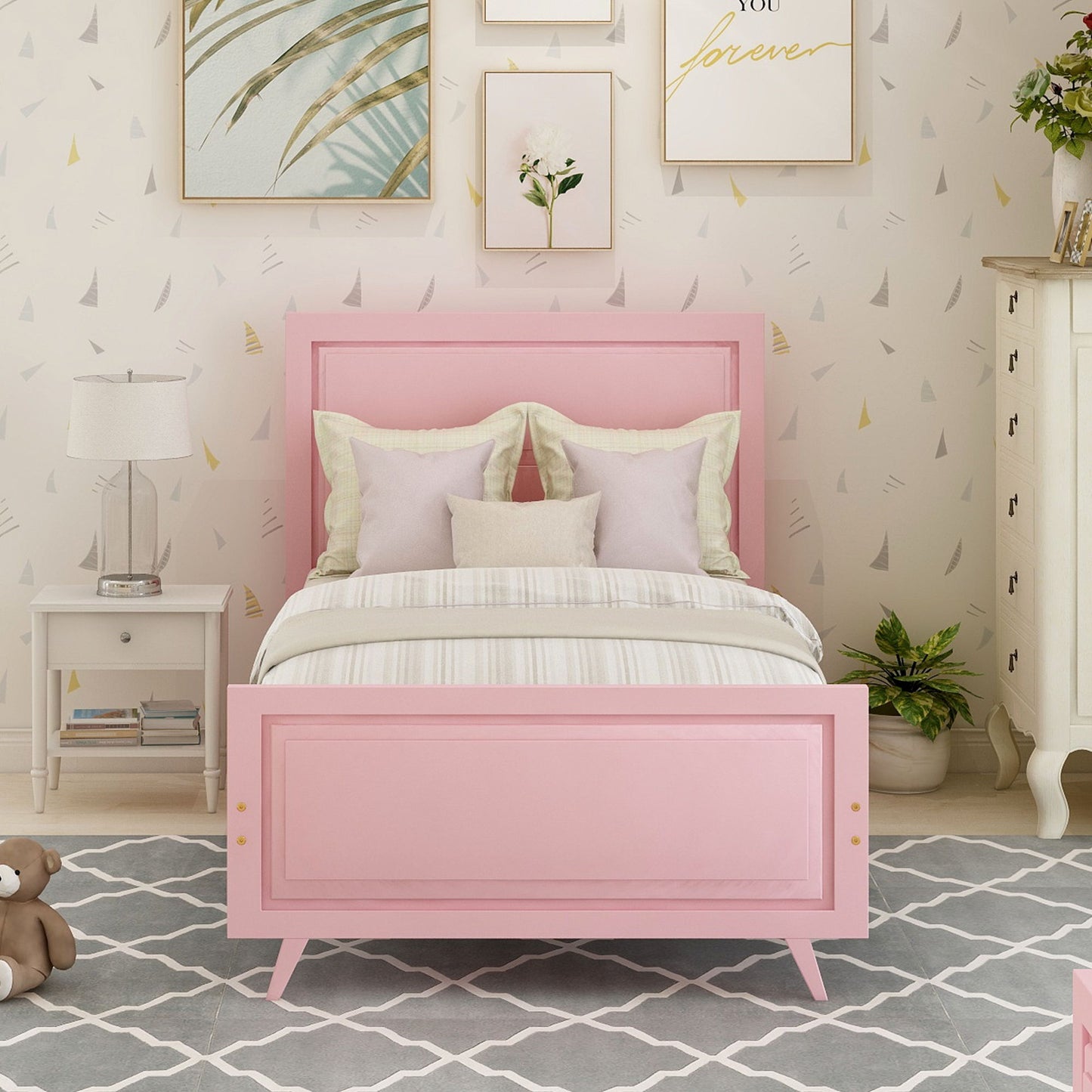 Twin Platform Bed Frame Mattress Foundation With Headboard And Slat Support - Pink