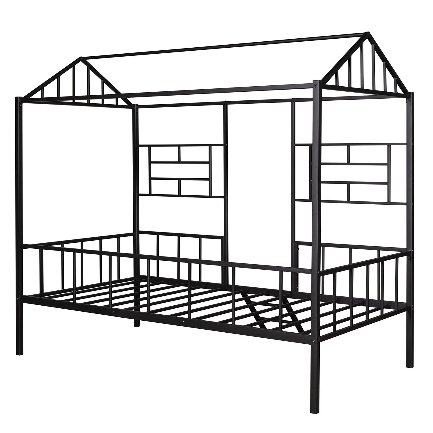 House Bed Frame Twin Size With Slatted Support No Box Spring Needed - Black