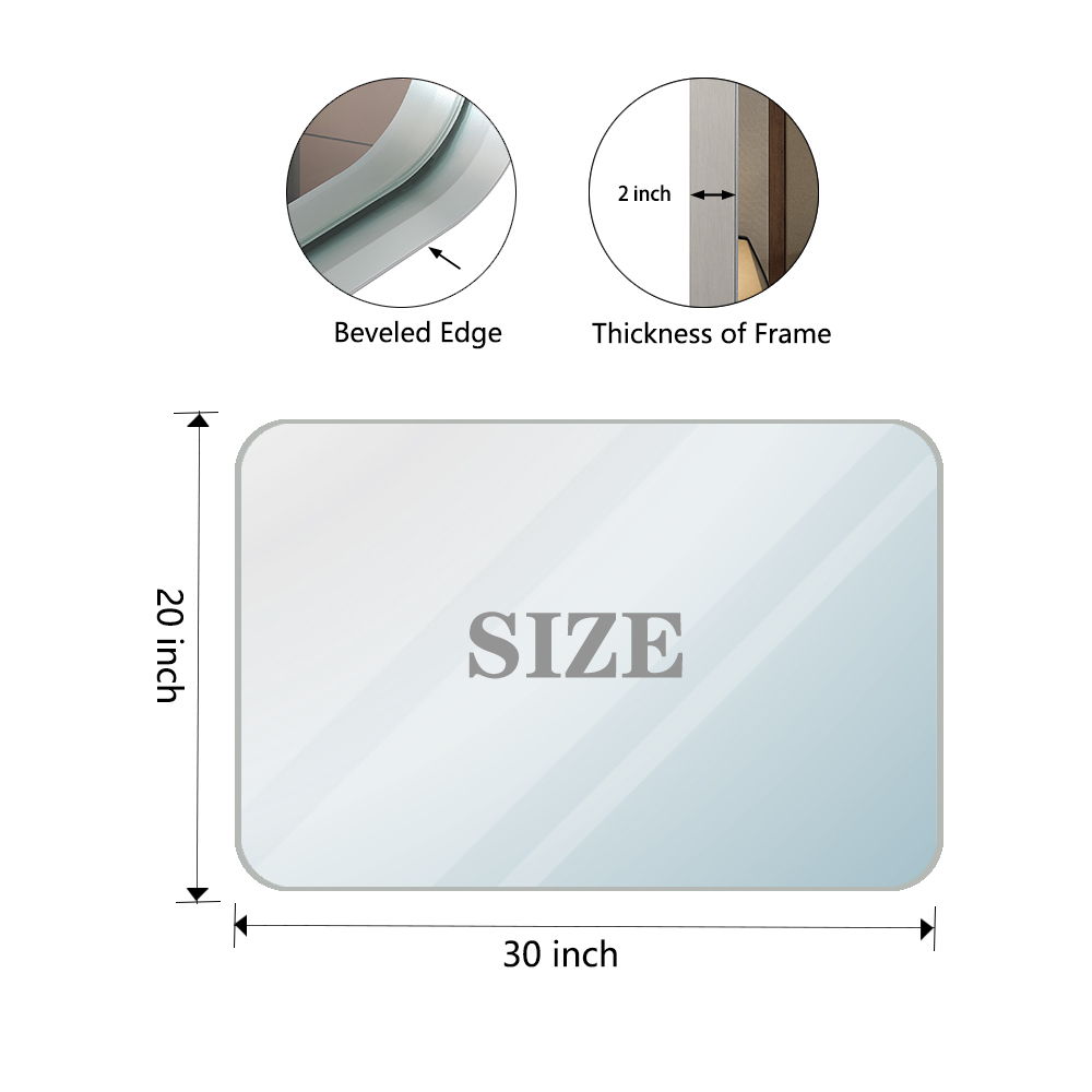 30X20" Rounded Corner Rectangle Bathroom Mirror For Wall Metal Frame Deep Set Design Hangs Wall Mounted Bathroom Mirror (Horizontal & Vertical) - Glossy Brushed Silver