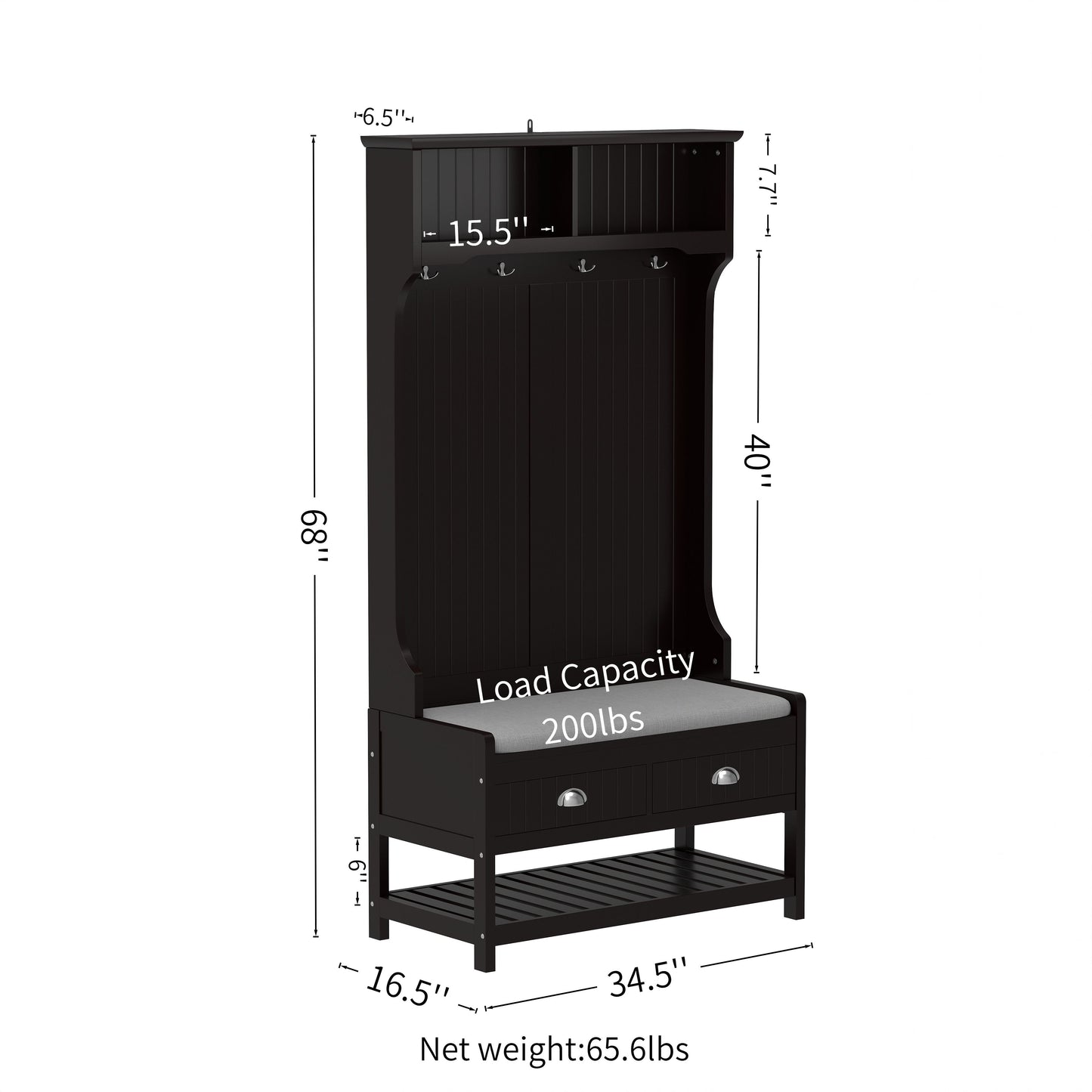 3 In 1 Wooden Hallway Hall Tree With Storage Drawers, Coat Rack, Shoe Rack Bench, And Cushion - Amber Graphite / Black