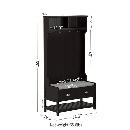 3 In 1 Wooden Hallway Hall Tree With Storage Drawers, Coat Rack, Shoe Rack Bench, And Cushion - Amber Graphite / Black