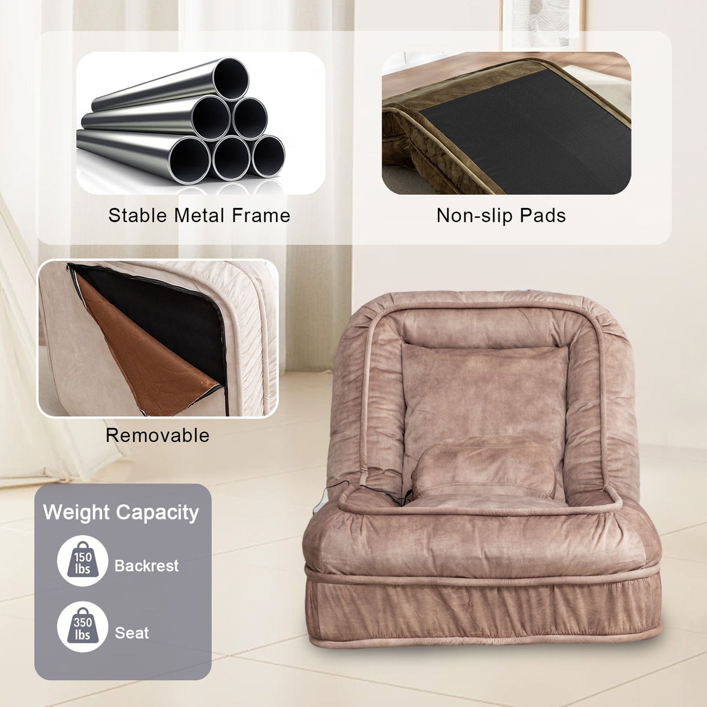 Upholstered Human Dog Bed And Pets - Bean Bag Floor Sofa With Massage Pillow, 5 Adjustable Positions & 2 Soft Pillows, Velvet With Foam And Iron Plastic Frame - Brown