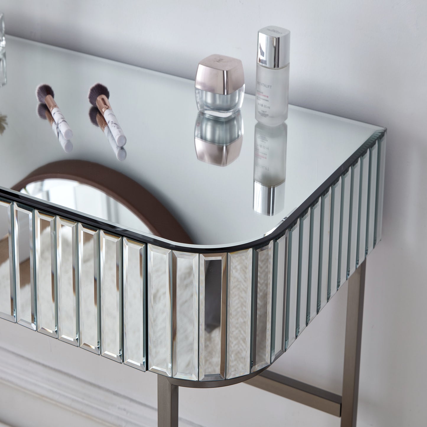 Mirrored Makeup Vanity Table With Stainless Steel Base, Mirrored Console Dressing Table With 2 Drawers, Versatile Desk For Bedroom And Office - Silver