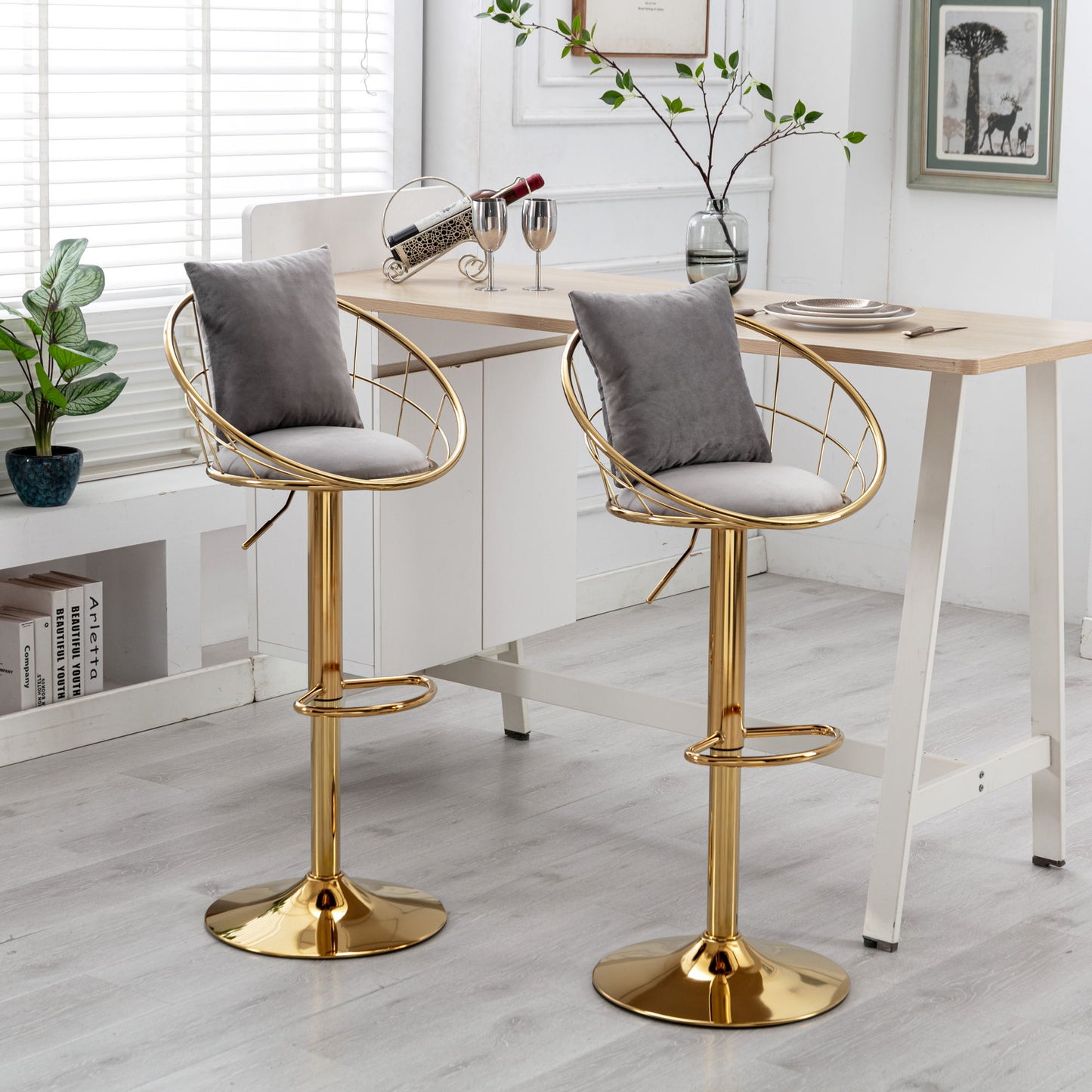 Velvet Bar Chair, Pure Gold Plated, Unique Design, 360 Degree Rotation, Adjustable Height, Suitable For Dining Room And Bar, (Set of 2) - Gray