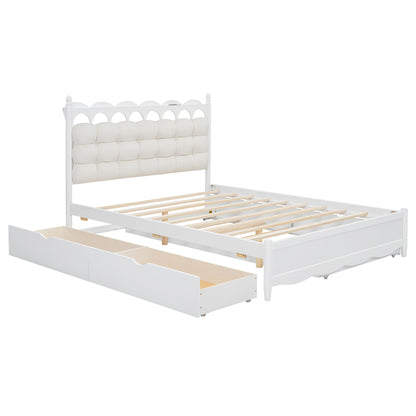 Queen Size Storage Platform Bed, With 2 Big Drawers, Twin Long Size Trundle, One Set Of Sockets & USB Ports - White