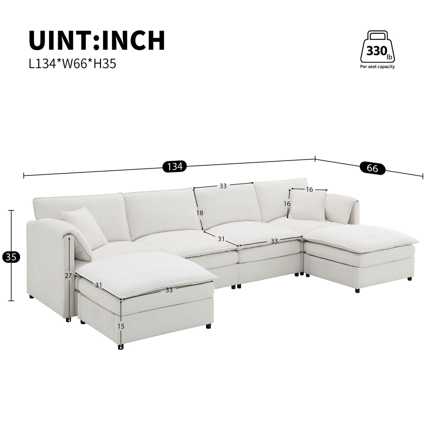 Chenille Modular Sectional Sofa, U Shaped Cloud Couch Set With Double Cushions, 6 Seat Sleeper Sofa Bed With Ottomans, Oversized Indoor Furniture - Cream