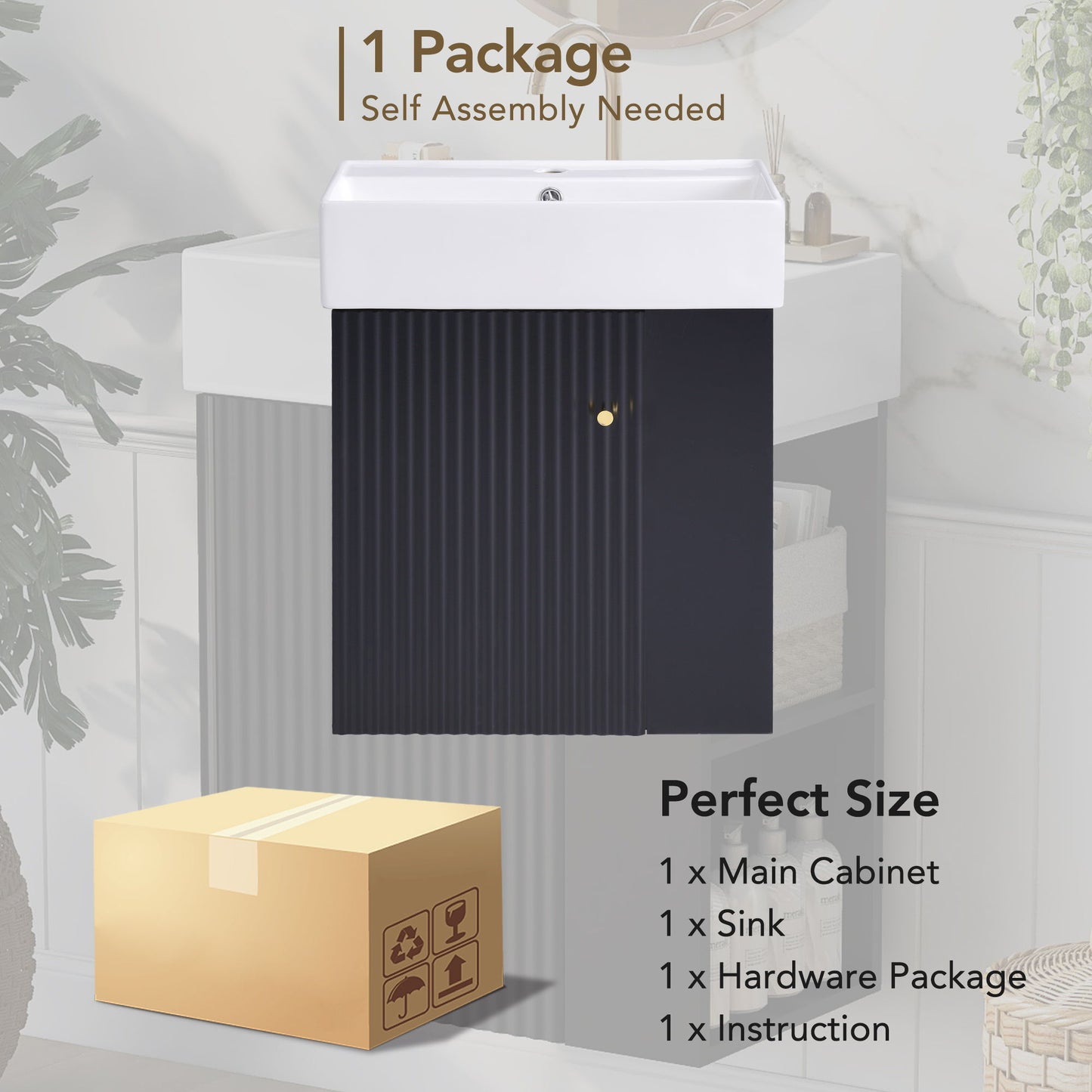 Modern Floating Bathroom Vanity With Ceramic Basin, Perfect For Small Bathrooms, Right Side Storage - Black