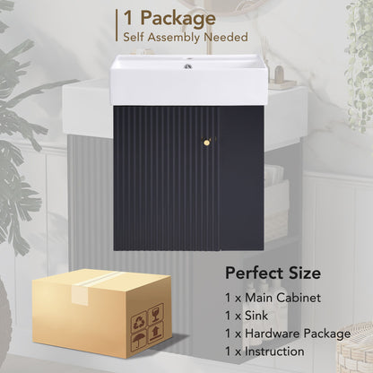 Modern Floating Bathroom Vanity With Ceramic Basin, Perfect For Small Bathrooms, Right Side Storage - Black