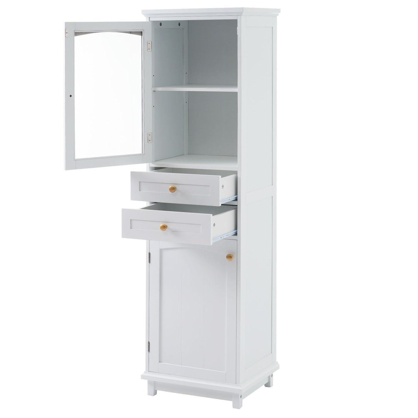 Tall Bathroom Storage Cabinet With Glass Doors, Free-Standing, Two Drawers, And Adjustable Shelves, MDF Board, Painted Perfect For Displaying Your Favorite Items - White