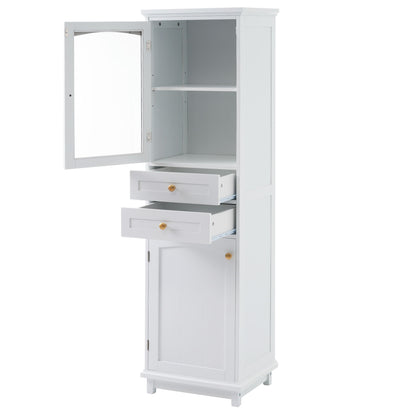 Tall Bathroom Storage Cabinet With Glass Doors, Free-Standing, Two Drawers, And Adjustable Shelves, MDF Board, Painted Perfect For Displaying Your Favorite Items - White