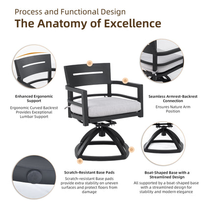 5 Piece Outdoor Pedestal Dining Set, Rounded Square Table With Flared Base And 4 Swivel Rockers - Ember Black