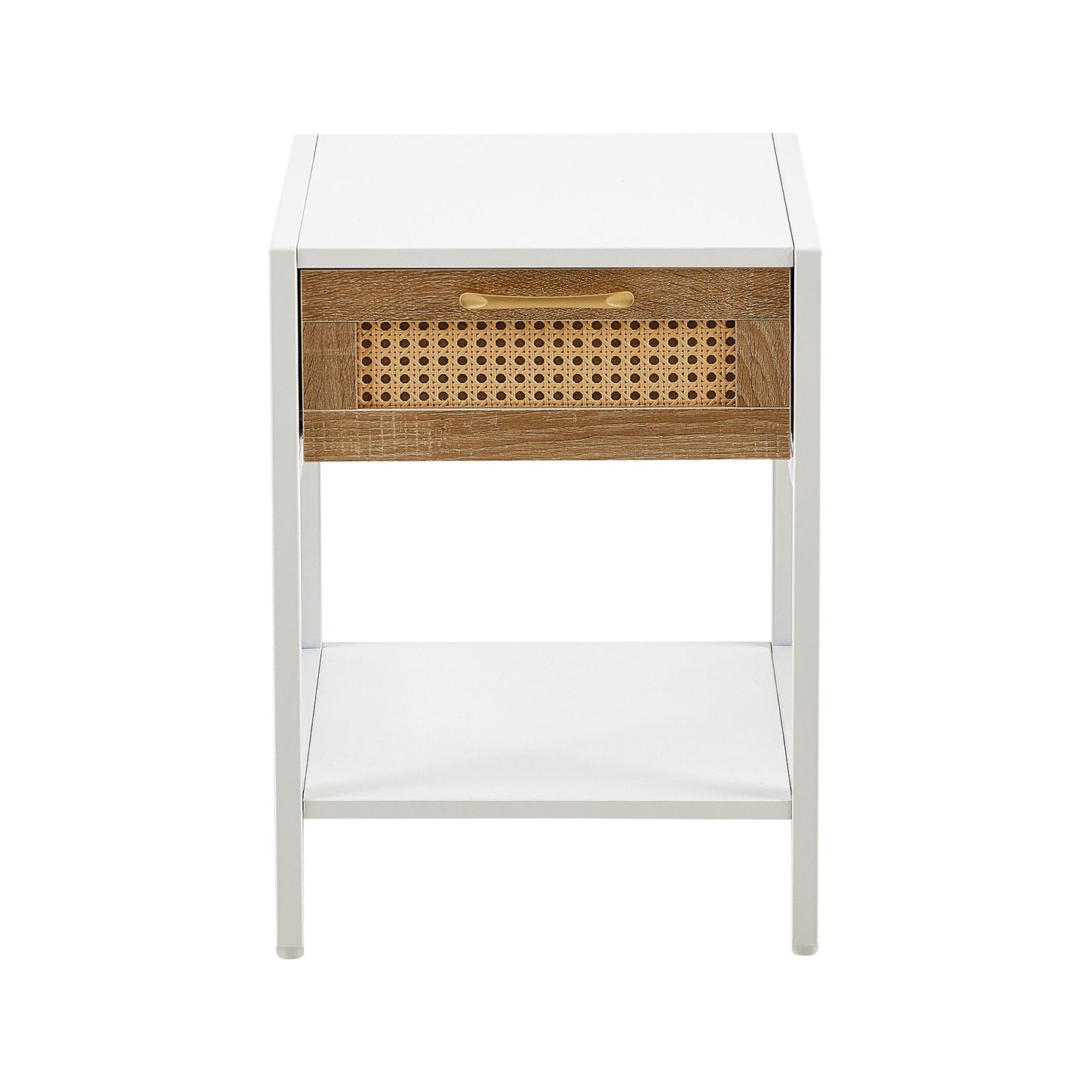 15.74" Rattan End Table With Drawer, Modern Nightstand, Metal Legs, Side Table For Living Room, Bedroom - White