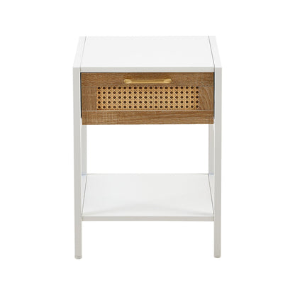 15.74" Rattan End Table With Drawer, Modern Nightstand, Metal Legs, Side Table For Living Room, Bedroom - White