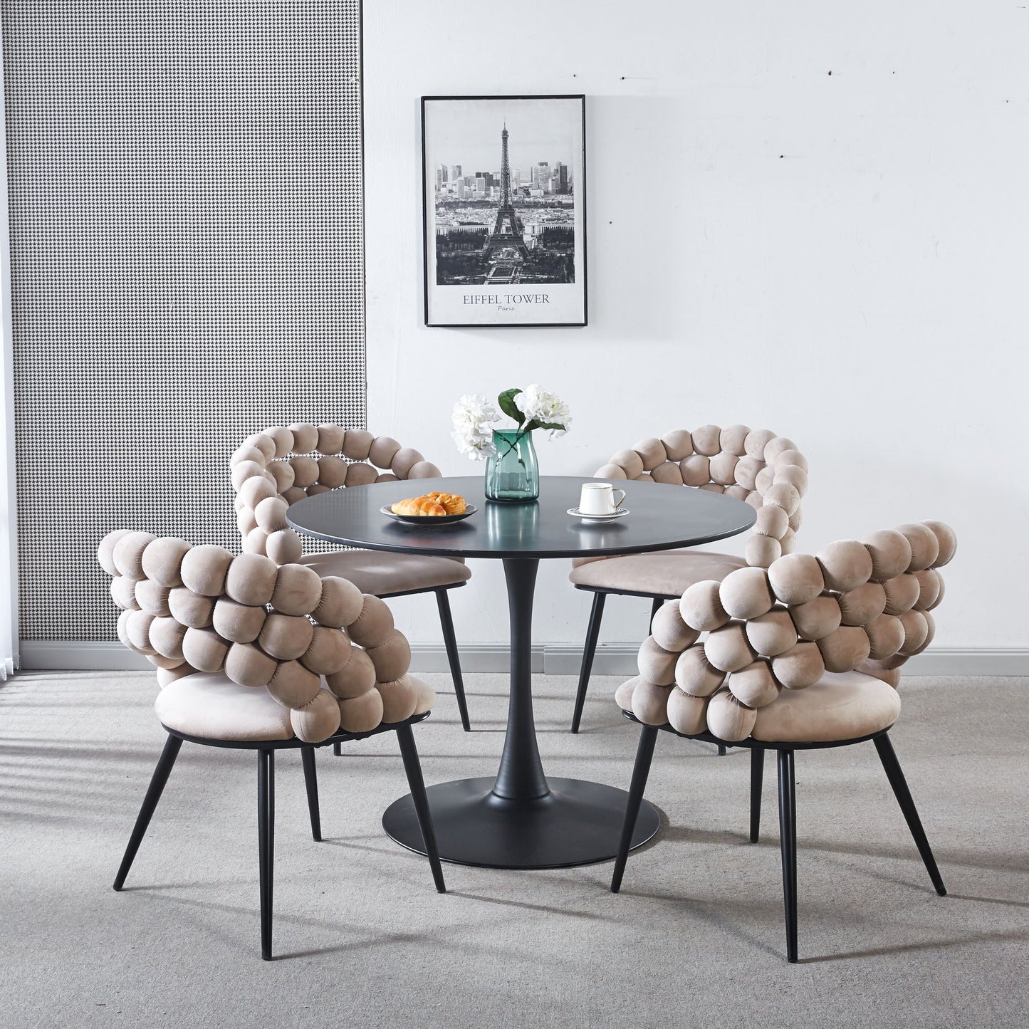 Modern Chair With Golden Color Iron Tube Legs, Soft Cushions And Comfortable Backrest, Suitable For Dining Room, Living Room, Cafe, Hairball Back (Set of 2) - Beige / Black