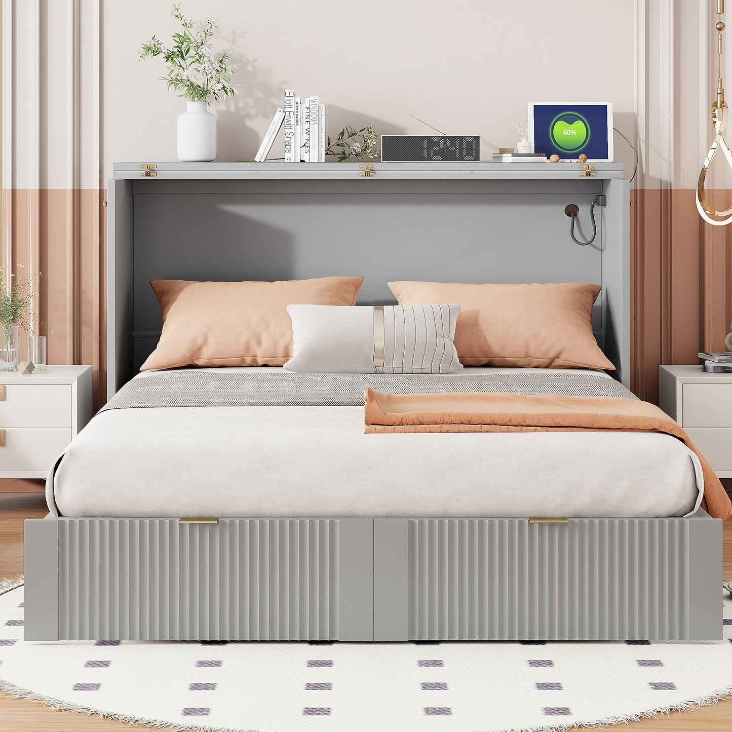 Full Size Murphy Bed With Drawer And A Set Of Sockets & USB Ports, Pulley Structure Design - Gray