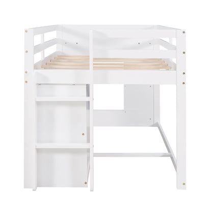 Twin Size Loft Bed With Cabinet And Shelf - White