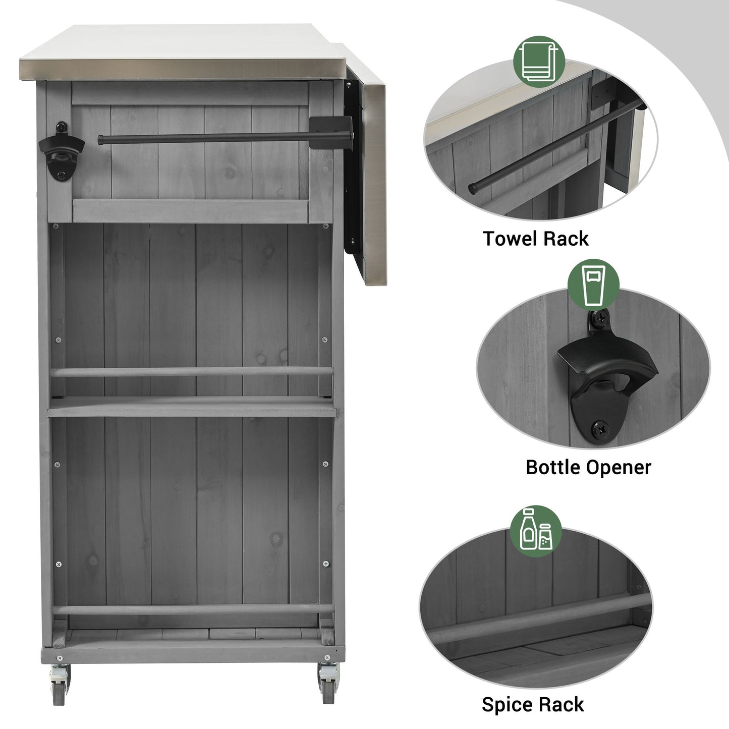 Outdoor Kitchen Island Fir Wood Kitchen Island With Stainless Steel Top, Ample Storage Space, Towel And Spice Racks And A Bottle Opener For Outdoor - Gray