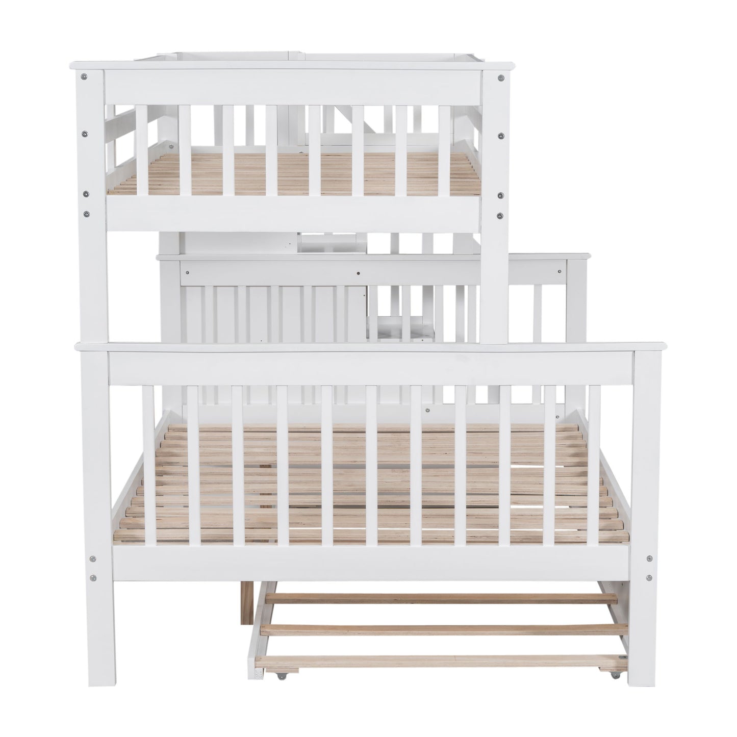 Twin Over Full Bunk Bed With Twin Size Trundle, Storage And Guard Rail For Bedroom - White