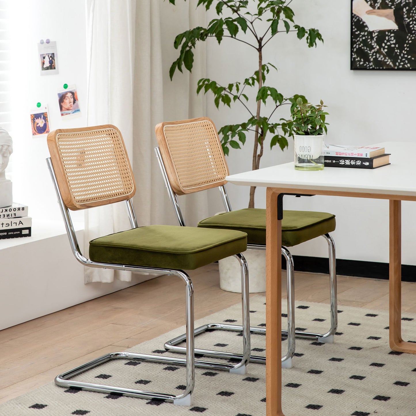 Dining Chairs, Velvet Rattan Side Accent Chairs With Chrome Legs, Modern Mid - Century Breuer Designed Chairs, Upholstered Dining Living Room Kitchen Chairs (Set of 2) - Olive Green