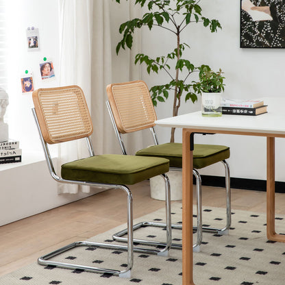 Dining Chairs, Velvet Rattan Side Accent Chairs With Chrome Legs, Modern Mid - Century Breuer Designed Chairs, Upholstered Dining Living Room Kitchen Chairs (Set of 2) - Olive Green