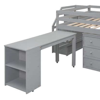 Full Size Loft Bed With Retractable Writing Desk And 3 Drawers With Storage Stairs And Shelves - Gray