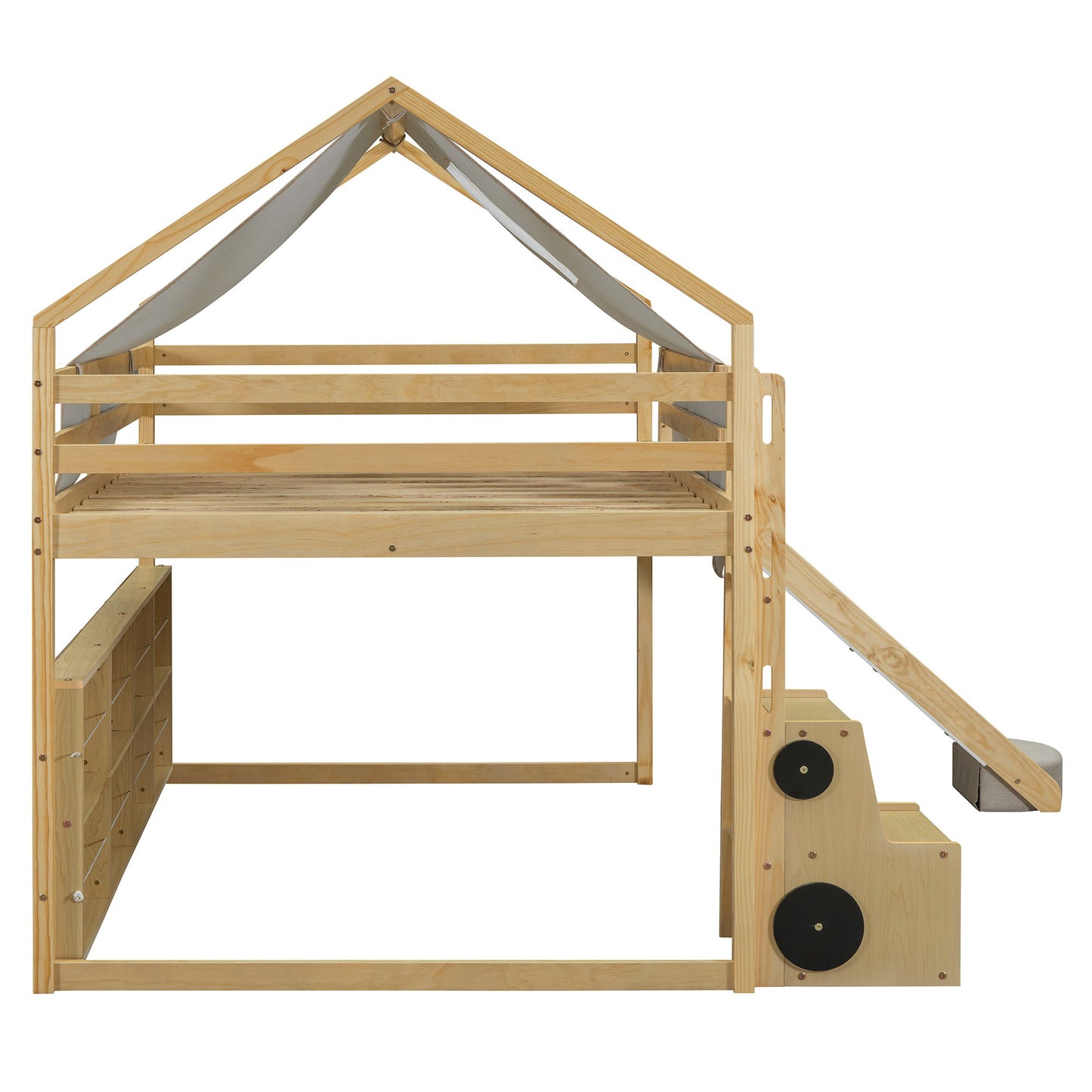 Full Size Loft Bed House Shaped Frame With Tent - Natural / Beige