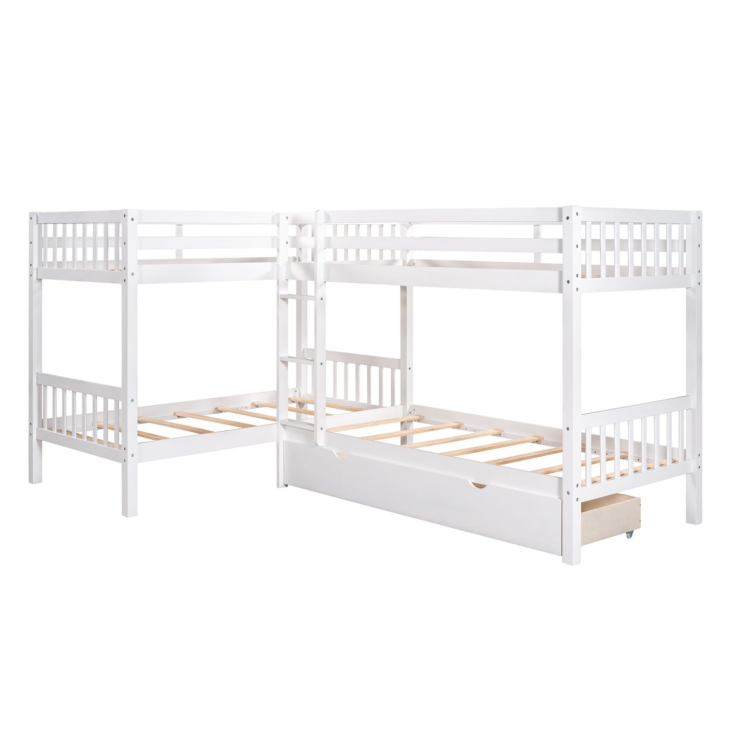 Twin L Shaped Bunk Bed With Drawers - White