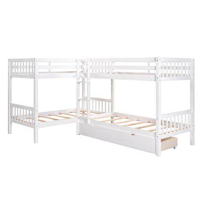 Twin L Shaped Bunk Bed With Drawers - White
