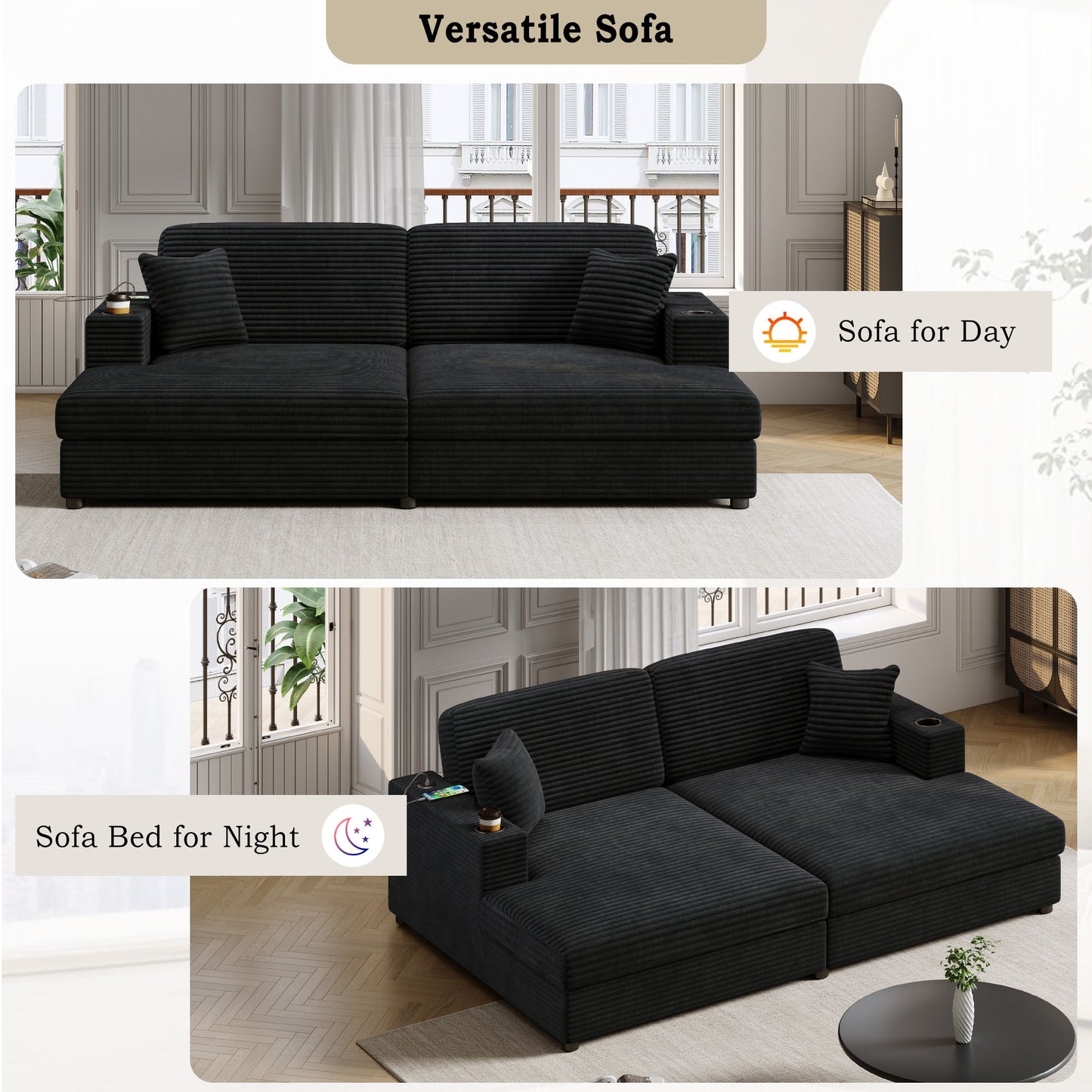 Oversized Loveseat Chaise Lounge Sectional Sofa Bed Corduroy Sleeper Sofa With 2 USB Ports, 2 Cup Holders And 2 Throw Pillows For Living Room And Bedroom - Black
