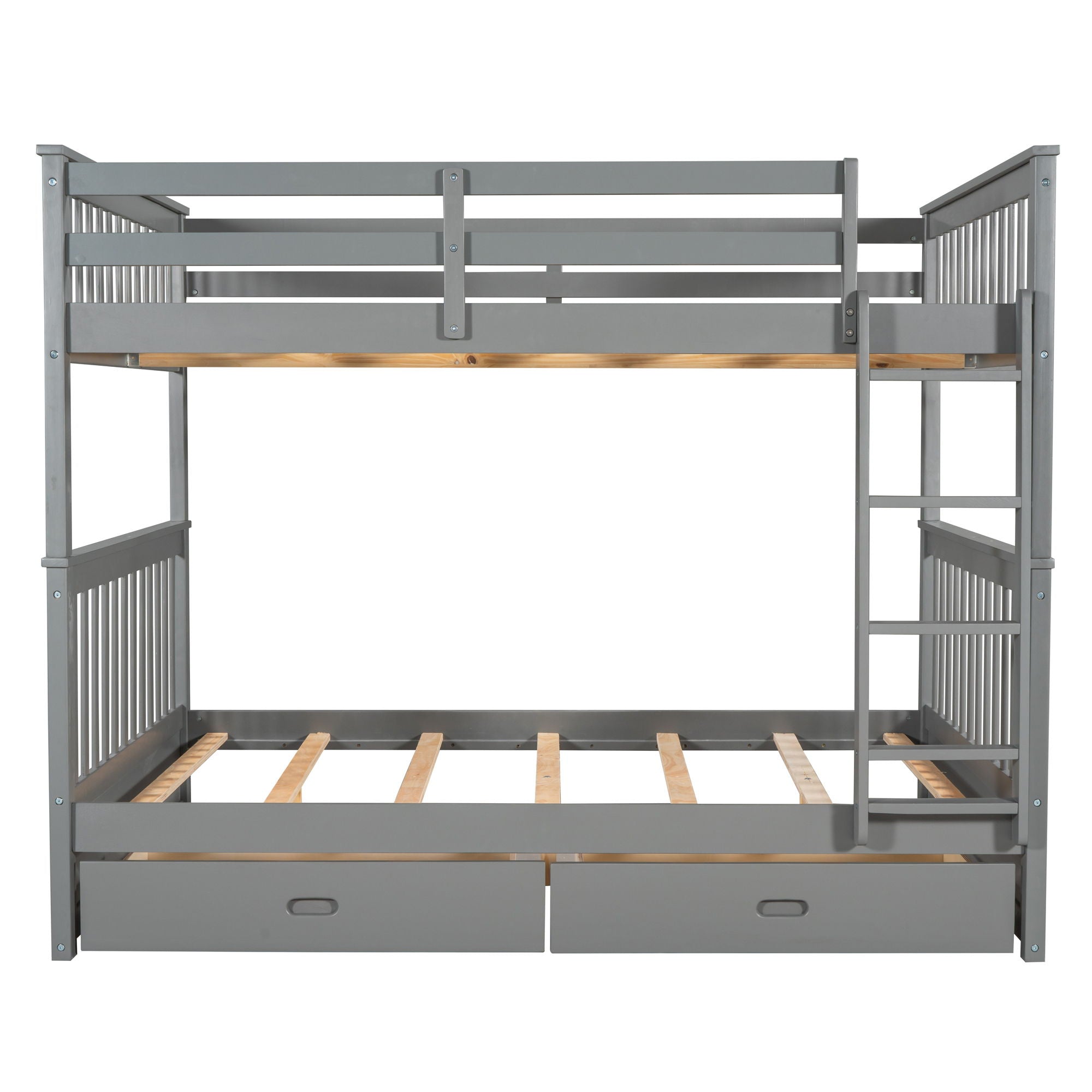 Full Over Full Bunk Bed With Ladders And 2 Storage Drawers - Gray