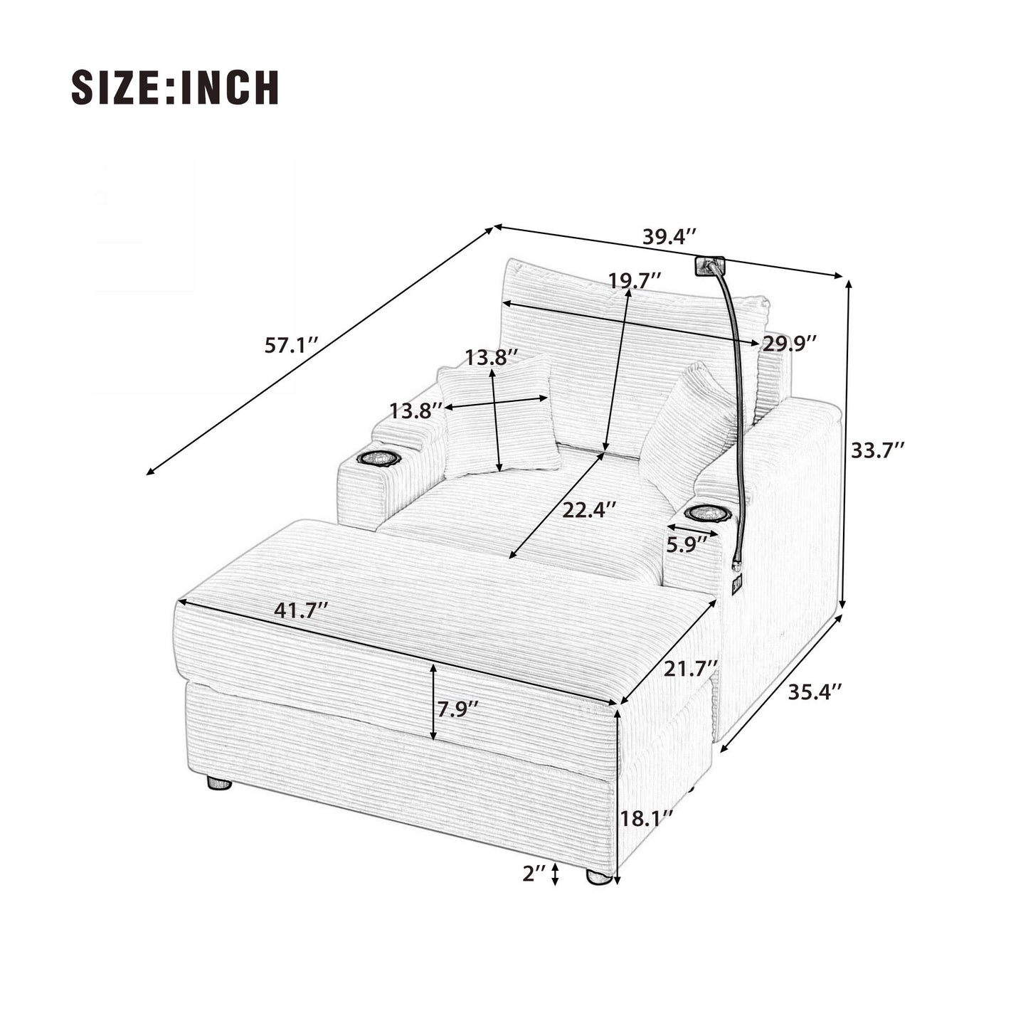 Modern Style Single Sofa Sofa Couch With Storage Space, A Movable Ottoman, Two USB Ports, Two Cup Holders, A Phone Holder For Living Room - Green