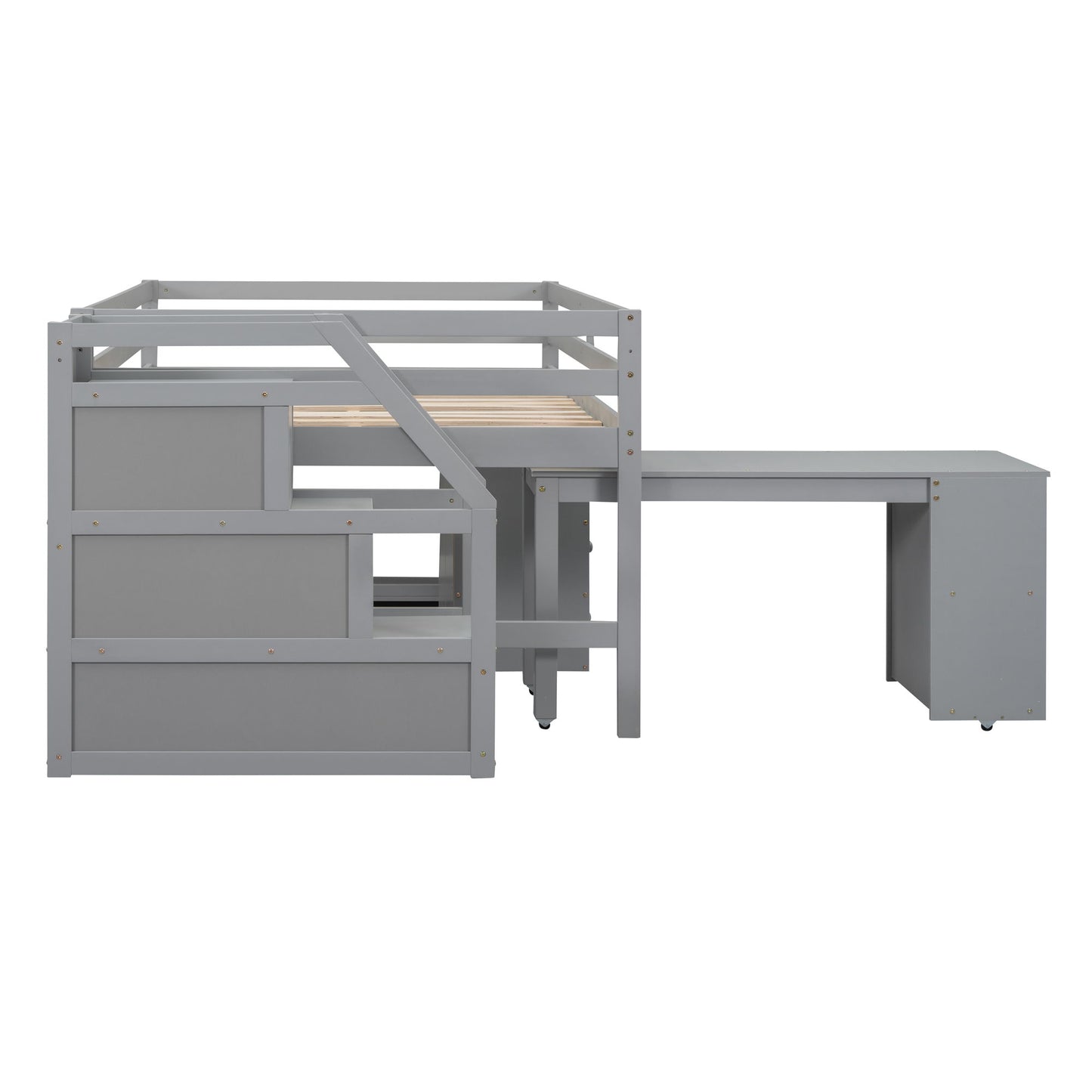 Full Size Loft Bed With Retractable Writing Desk And 3 Drawers With Storage Stairs And Shelves - Gray
