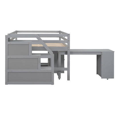Full Size Loft Bed With Retractable Writing Desk And 3 Drawers With Storage Stairs And Shelves - Gray