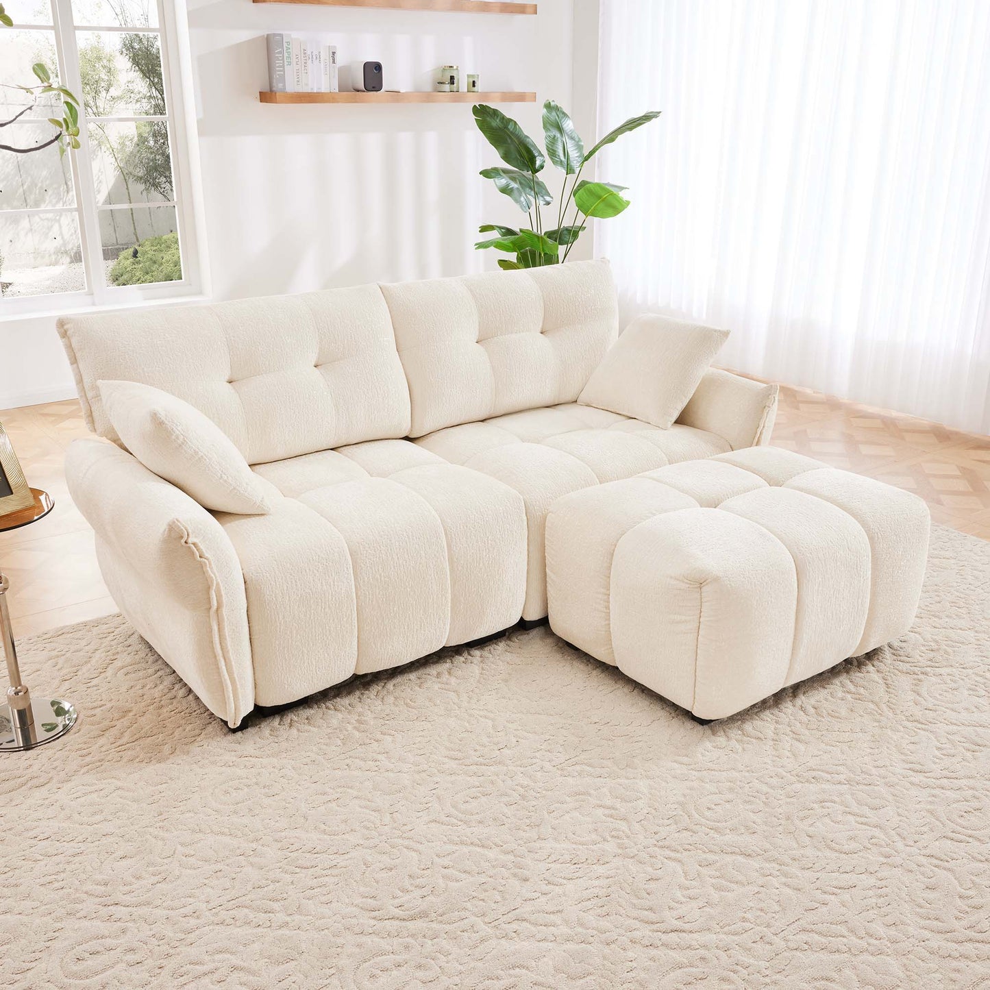 Modern Fabric 2 Seater Sofa With Ottoman Minimalist Design - White