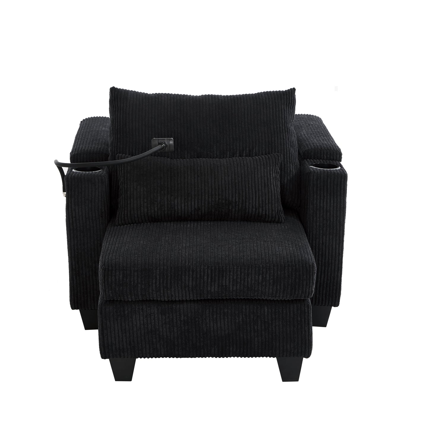 Convertible Chaise Lounge Sofa Chair Bed With USB Ports, Cup Holders & Storage - Black