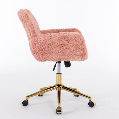 Office Chair, Artificial Rabbit Hair Home Office Chair With Golden Metal Base, Adjustable Desk Chair Swivel Office Chair, Vanity Chair - Pink