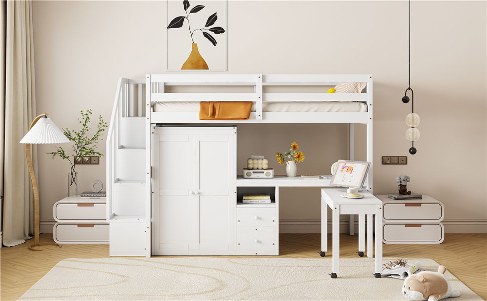 Twin Size Loft Bed With Stairs, Bookshelf, Drawers, Desk & Wardrobe, Space Saving Multifunctional Furniture - White