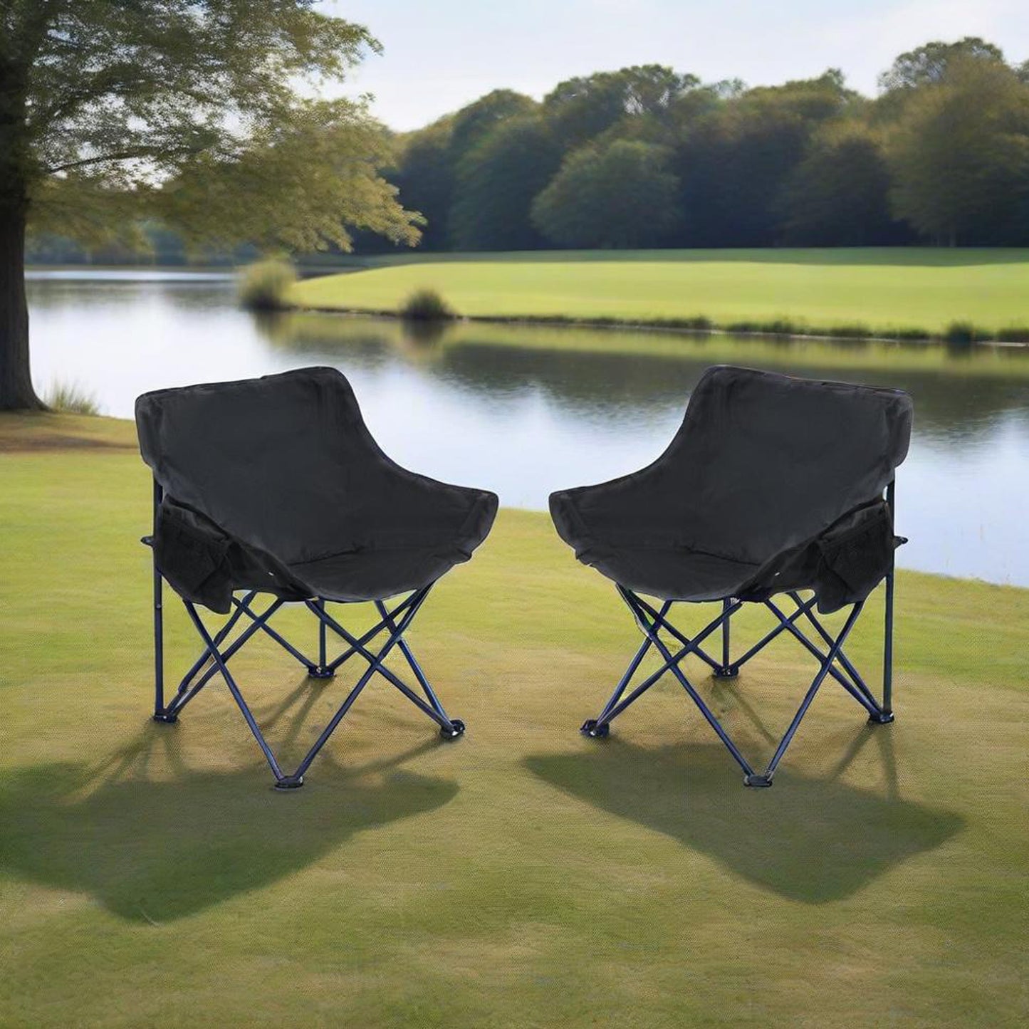 2 Pieces Outdoor Portable Folding Camping Chairs With Carry Bag - Black