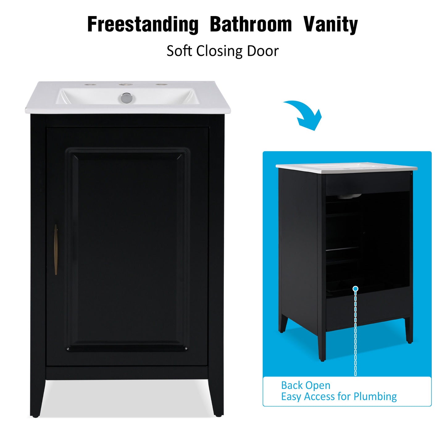 Modern Freestanding 20.3" Bathroom Vanity With Sink, Functional Drawer, Soft Closing Door - Black