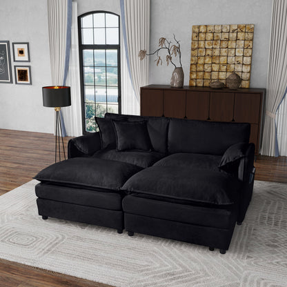Deep Seat Sectional Cloud Sofa With 2 Ottomans & Soft Pillows, Modular Loveseat Couch - Black Chenille