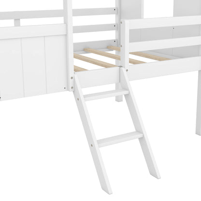 Twin Size Low Loft House Bed With Two Side Windows - White / Brown