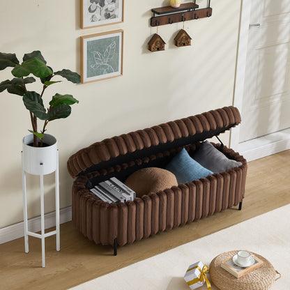 Contemporary Faux Fur Flip Top Storage Bench With - Black Metal Legs, Wide - Brown