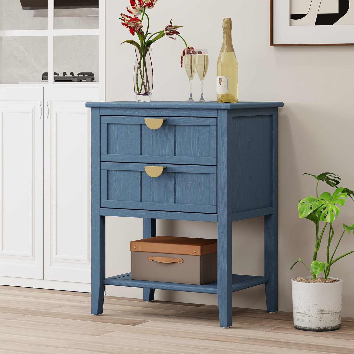 2 Drawer Side Table, American Style, End Table, Suitable For Bedroom - Blue